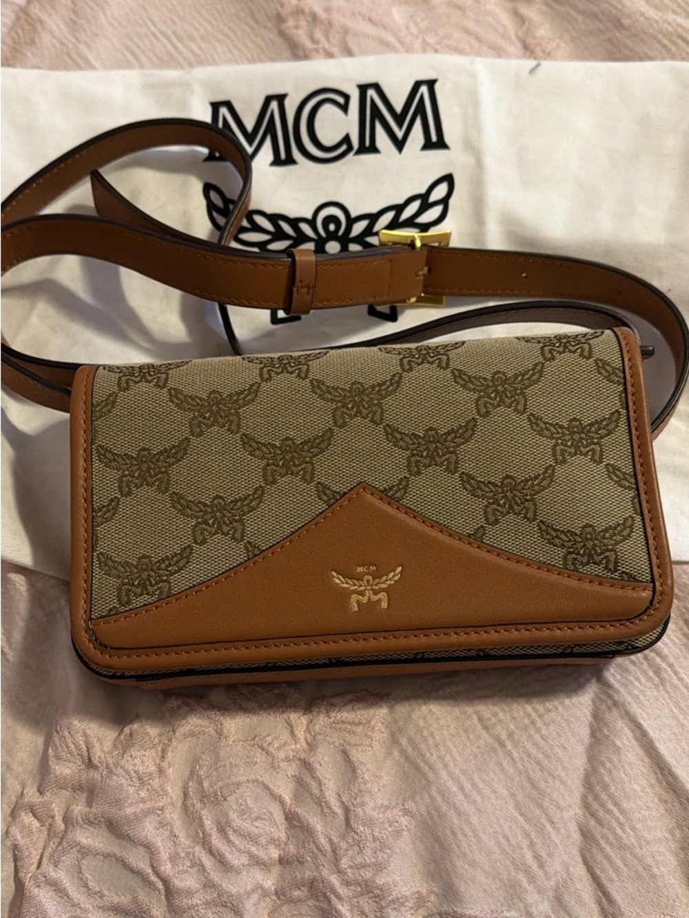 MCM Brown and Beige Logo Crossbody Belt Bag